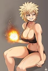 1girls abs big_breasts black_clothing blonde_hair bra breasts collarbone curvy curvy_figure explosion female female_bakugou female_only fit fit_female grin hourglass_figure jmg katsuki_bakugou large_breasts light-skinned_female light_skin my_hero_academia nipple_bulge nipples_visible_through_clothing old_art red_eyes rule_63 simple_background sitting solo sports_bra thick_thighs tomboy underwear underwear_only wide_hips