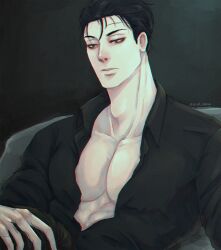 2boys absurdres black_hair black_shirt blue_eyes brown_hair fellatio grey_background highres implied_fellatio jin_cheong-woo large_pectorals looking_at_viewer male_focus matthew_raynor multiple_boys open_clothes open_shirt oral pearl_mkmm pectorals scar scar_on_face scar_on_forehead shirt short_hair sitting under_the_greenlight yaoi