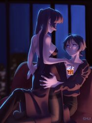 1boy 1girls alcohol ass_grab bare_back bare_shoulders blue_eyes drink female genshin_impact grabbing_ass hand_on_ass hand_on_butt long_hair looking_at_partner looking_up male male/female mona_(genshin_impact) night_sky nighttime pantyhose romantic scaramouche_(genshin_impact) sensual sideboob slit_dress straight strapless_dress suggestive twintails