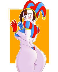 2023 2d 2d_(artwork) 2d_artwork artist_request big_thighs breasts brown_hair female glitch_productions gloves gooseworx jester jester_costume jester_hat jester_outfit looking_to_the_side medium_breasts micro_bikini pomni pomni_(the_amazing_digital_circus) short_hair tagme the_amazing_digital_circus thick_thighs white_body