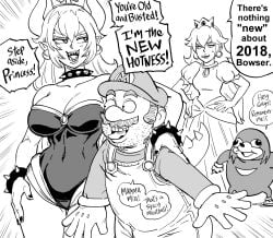 2boys 2d 2girls bb_(baalbuddy) bowsette choker crossover english_text fangs funny knuckles_the_echidna leotard mario mario_(series) meme monochrome new_super_mario_bros._u_deluxe nintendo no_sex princess princess_peach royalty rule_63 sega simple_background sonic_(series) stubble super_mario_bros. text tired ugandan_knuckles