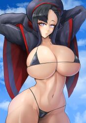 1girls 2d alternate_breast_size arms_up asymmetrical_bangs bikini black_bikini black_hair black_jacket black_swimsuit cleavage cloud collarbone cowboy_shot eunhwa eunhwa_(nikke) goddess_of_victory:_nikke hi_res huge_breasts long_hair looking_at_viewer manob0028 micro_bikini navel parted_lips purple_eyes purple_hair skindentation sky solo solo_female string_bikini swimsuit two_tone_hair underwear