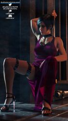 1girls 3d ada_wong black_hair calibrator calves closed_eyes clothed clothing crouching dark_hair dress female fit_female heels leaning legs pinup resident_evil thighs toned toned_female