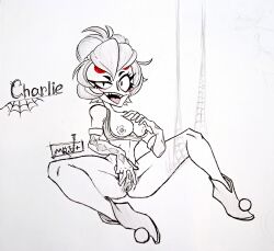 big_hips bra brawl_stars breasts charlie_(brawl_stars) circus clothed_sex half_dressed hips leg_lift leg_up looking_pleasured panties_removed playful pussy sharp_teeth solo spider_web spider_web_print spread_legs