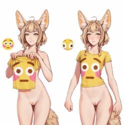 animal_humanoid anthro blonde_hair blush blushing blushing_emoji bottomless braided_hair canid canid_humanoid canine canine_humanoid clothed clothing colored digital_media_(artwork) ear_piercing emoji emoji_(race) female fennec_humanoid flat_chested flushed_emoji_shirt fox_humanoid genitals hair happy humanoid inner_ear_fluff innie_pussy khiara_(personalami) mammal mammal_humanoid meme multiple_poses nude original personalami piercing portrait pose pussy sad shirt simple_background solo standing tail three-quarter_portrait topwear true_flat_chest tuft yellow_clothing yellow_eyes yellow_shirt yellow_topwear