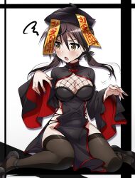 alternate_costume black_hair black_thighhighs blue_nails breasts brown_eyes china_dress chinese_clothes cleavage cleavage_cutout clothing_cutout dress female gertrud_barkhorn halloween_costume hat jiangshi large_breasts low_twintails nail_polish ofuda outstretched_arms qing_guanmao sitting solo squiggle strike_witches thighhighs tokiani twintails wariza world_witches_series zombie_pose