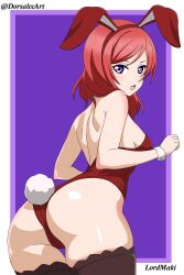 ass blue_eyes bunnysuit dorsalec female female_only fully_clothed love_live! love_live!_school_idol_project nishikino_maki purple_background red_hair revealing_clothes shiny_skin stockings tight_clothing