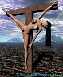 1girls 2000 2000s 2000s_and_2010s_style 3d bikini_tan black_hair completely_nude_female crucifixion drooling execution long_hair medium_breasts mountainous_horizon outdoors pubic_hair solo thrallord unusual_position web_address