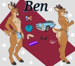 anthro antlers ass balls ben_(delta_dewitt) clothed clothing deer delta_dewitt digital_media_(artwork) fur genitals hi_res horn male mammal model_sheet nipples penis simple_background solo underwear