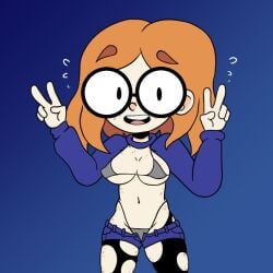 1girls 2020s 2023 blue_background bluejr erect_nipples exposed_belly female female_only freckles glasses illymation orange_hair pantyhose peace_sign ripped_clothing ripped_hoodie ripped_pants ripped_pantyhose solo solo_female youtube