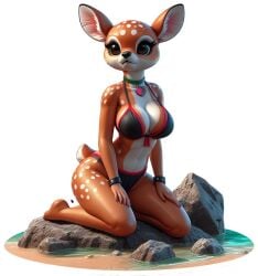 1girls 3d ai_generated beach bikini bing_image_creator black_eyes brown_fur deer necklace noahxyz rock water white_fur