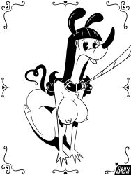 3:4 absurd_res anthro ass breasts canid canine canis collar disney domestic_dog drasha69 feet female hair hi_res leash leashed_collar mammal mickey_mouse_shorts monochrome nipples nude nude_female red_hair solo tail tongue tongue_out toony