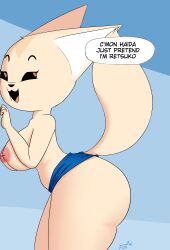 2022 aggressive_retsuko aggretsuko ass blue_background breasts brown_eyes female female_focus female_only fennec fennec_fox fenneko foxart950 furry nipples sanrio tan_fur text text_bubble thick_thighs thighs