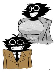 1female 1girls big_breasts bive_(regretevator) black_clothing black_fur black_hair black_tie brown_clothing brown_suit creepy_smile dagothurfanclub difference_version dogrush e=mc2 female glasses nervous nervous_smile regretevator roblox roblox_game robloxian same_person sharp_teeth smile smile_at_viewer smiling_at_viewer sweat sweatdrop sweating tagme white_clothing