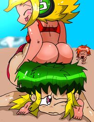 beach big_ass big_butt bigbootyinc blonde_hair chibi dj dj_candy exposed_ass green_eyes headphones mysims pantsless rokku-d shortstack video_games