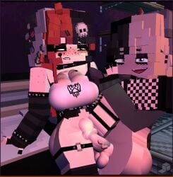 1femboy 1girls 3d armwear big_breasts ellie_walls_(odysseyellie) elliot_grimes_(odysseyellie) erect_nipples erect_penis femboy femboy_on_female fishnet_legwear freckles_on_face green_eyes horny_female mine-imator minecraft multicolored_hair no_panties odysseyellie outside pink_eyes skull_hair_ornament tagme tattoo_on_face vaginal_penetration wet_pussy