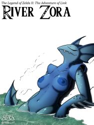 absurd_res animal_humanoid anthro blue_body breasts drasha69 female fin fish fish_humanoid hi_res humanoid marine marine_humanoid membrane_(anatomy) nintendo nipples not_furry nude nude_female scales scalie sharp_teeth smile solo spikes tail teeth the_legend_of_zelda zelda_(nes) zora