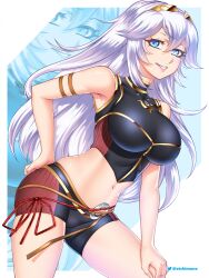 1girls alternate_costume alternate_hair_color armlet bare_shoulders bikini black_bikini black_swimsuit blue_eyes brand_of_the_exalt breasts commission etchimune female female female_only fire_emblem fire_emblem_awakening fire_emblem_cipher hair_between_eyes hand_on_own_hip hand_on_own_knee leaning_forward long_hair looking_at_viewer lucina_(fire_emblem) medium_breasts navel nintendo official_alternate_costume open_mouth simple_background smile solo stomach swimsuit thighs tiara