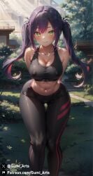 ai_generated arms_behind_back bent_over cleavage covered_nipples green_eyes gumi_arts hair_ornament hairclip hololive hololive_japan leggings long_hair medium_breasts midriff multicolored_hair outdoors pink_hair purple_hair smile sports_bra stable_diffusion thick_thighs tokoyami_towa twintails virtual_youtuber