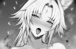 absurdres aisutei animal_ear_fluff animal_ears blush collarbone commentary_request cropped feixiao_(honkai:_star_rail) female forehead_jewel fox_ears fox_girl greyscale half-closed_eyes head_tilt heart highres honkai:_star_rail honkai_(series) implied_nudity implied_sex looking_at_viewer monochrome open_mouth paid_reward_available parted_bangs portrait solo tongue tongue_out