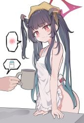 absurdres apron arm_support bare_arms bare_shoulders black_hair blue_archive blush breasts bright_pupils closed_mouth coffee_mug commentary_request covered_nipples cum cum_in_pussy cup demon_horns embarrassed female frilled_apron frills fuuka_(blue_archive) gro_(lee145879) halo headscarf heavy_breathing highres horns lactation lactation_through_clothes leaning_forward long_hair milk_carton mug naked_apron red_eyes simple_background small_breasts solo spoken_blush spoken_symbol sweatdrop twintails very_long_hair white_apron white_background white_pupils