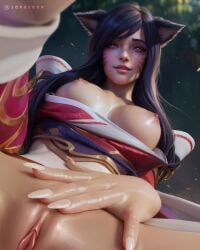 3d ahri areola areolae black_hair breasts breasts_out cunnilingus_pov default_skin facial_markings fox_ears hair league_of_legends long_hair longeron medium_breasts nipples partially_clothed pov pov_eye_contact pussy red_eyes riot_games shaved_pussy smile vagina vastaya video_games