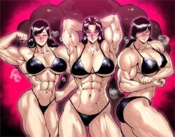 3girls abs armpits arms_behind_head biceps bikini black_bikini black_hair blush breasts closed_eyes eyewear flexing hi_res kisuu large_breasts looking_at_viewer muscular muscular_arms muscular_female one-punch_man purple_eyes smile swimsuit