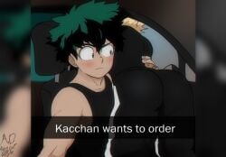 2boys ancient-onyx ancient_onyx arm_around_partner arm_around_waist artist_logo artist_name artist_signature ass ass bakugou_katsuki big_ass big_butt blonde_hair blush blush boku_no_hero_academia bubble_ass bubble_butt deku freckles gay green_hair he_wants_to_order izuku_midoriya katsuki_bakugou male male_only meme meme_reference midoriya_izuku my_hero_academia staring_at_ass taking_picture text text_box yaoi