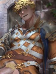 1boy absurdres armor bara blonde_hair bottomless erection fumio_(snnmfmw) granblue_fantasy green_eyes highres large_pectorals male_focus male_pubic_hair muscular muscular_male open_mouth paid_reward_available pauldrons pectorals penis pubic_hair short_hair shoulder_armor single_pauldron smile solo vane_(granblue_fantasy)