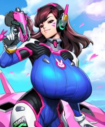 1girls ai_generated brown_hair cattlec d.va gun hourglass_figure huge_breasts massive_breasts meka overwatch overwatch_2 plugsuit smug solo