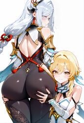 2girls ai_generated ass ass_focus ass_grab ass_support bare_shoulders blonde_hair braid breasts deep_skin female_face_near_ass from_behind genshin_impact green_eyes hair_feathers hair_flower hair_ornament head_on_ass huge_ass long_hair looking_at_viewer looking_back lumine_(genshin_impact) mako16 mako_(artist) medium_breasts orange_eyes shenhe_(genshin_impact) shiny shiny_clothes shiny_hair shiny_skin short_hair_with_long_locks silver_hair skin_tight smile very_long_hair