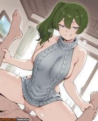 1boy 2025 ai ai_assisted ai_generated amazon_position anime anime_girl anime_style ankle_grab artist_name assertive_female backless_outfit bangs bare_shoulders barefoot breasts cowgirl_position cowgirl_position cum cum_in_pussy female frieren_beyond_journey's_end green_hair grey_sweater grin hair_between_eyes hi_res high_quality high_res high_resolution highres indoors large_breasts looking_at_viewer meme_attire naked_sweater patreon patreon_username penis pov purple_eyes pussy rinkoai sex side_ponytail sideboob smile solo_focus sousou_no_frieren spread_legs straddling straight sweat sweater turtleneck turtleneck_sweater ubel_(sousou_no_frieren) uncensored vaginal_penetration virgin_killer_sweater watermark window