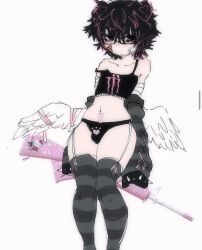 alfie_(knwives) arm_bandages black_hair blank_background femboy garter_straps glasses grey_hoodie hello_kitty_gun knwives monster_energy_logo pink_gun rifle thick_thighs thighhighs white_wings