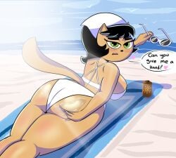 anthro bandana beach beach_towel big_ass big_breasts big_butt bikini black_hair butt_grab catgirl feline furry green_eyes kitty_katswell laying_on_stomach nickelodeon oiled_skin olerr solo t.u.f.f._puppy tagme tanning thick_thighs