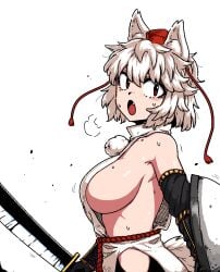 1girls animal_ear_fluff animal_ears bare_shoulders breasts elbow_gloves fang female formicid from_side gloves hat hip_vent holding holding_shield holding_sword holding_weapon inubashiri_momiji large_breasts looking_at_viewer medium_hair momiji_inubashiri no_bra open_mouth pom_pom_(clothes) red_eyes shield sideboob sleeveless solo sword tagme tail tokin_hat touhou upper_body weapon white_hair wolf_ears wolf_girl wolf_tail