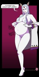 belly big_belly big_breasts breasts dialogue digestion female female_pred hand_on_hip mr_rattleb0nes naruto nipples otsutsuki_kaguya post_vore pregnant pussy same_size_vore stomach_noises text vore