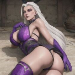 ai_generated ass ass_focus big_ass blueblaster69 bubble_butt cleavage curvy curvy_female dat_ass female female_only leotard_aside long_hair looking_back milf mortal_kombat mortal_kombat_11 netherrealm_studios sindel thick_thighs thighhighs thong thong_leotard white_eyes white_hair