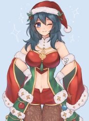 1girls ;) alternate_costume bare_shoulders blue_background blue_eyes blue_hair blush breasts brown_pantyhose byleth_(female)_(frosty_professor)_(fire_emblem) byleth_(fire_emblem) byleth_(fire_emblem)_(female) christmas commentary cowboy_shot detached_sleeves female female_only fire_emblem fire_emblem:_three_houses fire_emblem_heroes gloves hands_on_own_hips hat highres leggings long_hair looking_at_viewer midriff navel nintendo official_alternate_costume one_eye_closed pantyhose purrlucii red_headwear red_shirt red_shorts santa_hat shirt short_shorts shorts simple_background smile solo standing stomach strapless strapless_shirt thighs white_gloves