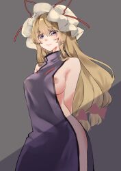 1girl arms_behind_back bare_shoulders blonde_hair blush bow breasts closed_mouth collarbone commentary_request cowboy_shot from_below grey_background hair_between_eyes hair_bow hat hat_ribbon highres large_breasts light_smile long_hair looking_at_viewer mature_female meji_aniki milf mob_cap naked_tabard nipple_slip nipples purple_eyes red_bow red_ribbon ribbon simple_background solo standing tabard tagme touhou very_long_hair white_headwear yakumo_yukari yukari_yakumo