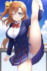 1girls ai_generated big_breasts blue_eyes breasts kousaka_honoka leg_grab leg_up love_live! love_live!_school_idol_project one_eye_closed orange_hair panties ponytail ryukep school_uniform side_ponytail skirt smile solo solo_female solo_focus white_panties