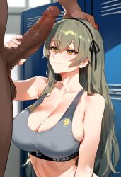 1boy 1girls abs ai_generated bare_arms bare_shoulders big_breasts big_penis blush breasts_bigger_than_head clothed clothing color dark-skinned_male dark_skin darkmagic_ai female girls'_frontline grey_hair gym gym_clothes gym_uniform hi_res interracial large_breasts light-skinned_female light_skin long_hair looking_at_penis looking_at_viewer male male/female muscles muscular muscular_male nipples_visible_through_clothing sweat tagme thick_thighs ump40_(girls_frontline) yellow_eyes