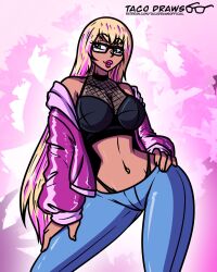 belly belly_button belly_piercing blonde_hair chou_(obsidian_blaze) chou_morales_(obsidian_blaze) dark-skinned_female fully_clothed jeans latina midriff midriff_baring_shirt midriff_top navel navel_piercing obsidian_blaze pink_hair_streak sunglasses tacodraws tagme tummy