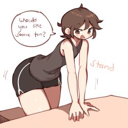 1boy bending_forward black_tank_top blush booty_shorts brown_eyes brown_hair chair femboy looking_at_viewer namesloo requesting table tea_(namesloo)