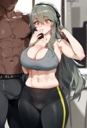 1boy 1girls abs ai_generated bare_arms bare_shoulders big_breasts big_penis blush breasts_bigger_than_head bulge clothed clothing color dark-skinned_male dark_skin darkmagic_ai female girls'_frontline grey_hair gym gym_clothes gym_uniform hi_res interracial large_breasts light-skinned_female light_skin long_hair looking_at_penis looking_at_viewer male male/female muscles muscular muscular_male nipples_visible_through_clothing surprised surprised_face sweat tagme thick_thighs ump40_(girls_frontline) yellow_eyes