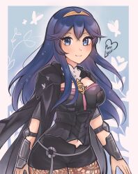 1girls alternate_costume artist_name blue_eyes blue_hair brand_of_the_exalt breasts brooch bug butterfly byleth_(fire_emblem) byleth_(fire_emblem)_(female) byleth_(fire_emblem)_(female)_(cosplay) cleavage cosplay family_crest female female_only fire_emblem fire_emblem:_three_houses fire_emblem_awakening highres jacket jacket_on_shoulders jewelry leggings long_hair looking_at_viewer lucina_(fire_emblem) medium_breasts navel nintendo pantyhose purrlucii smile solo vambraces