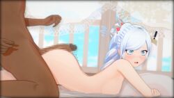 1boy ass big_ass big_butt big_penis blue_eyes censored dark-skinned_male dark_skin female flynt_coal interracial koikatsu nyxxzeiss rwby surprised weiss_schnee white_hair