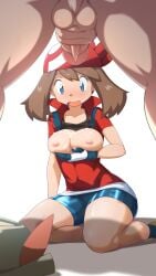 1boy 1girls absurdres bandana bike_shorts black_undershirt blue_eyes blush bra bra_lift breasts breasts_out brown_hair clothing cum cum_on_body cum_on_breasts female gloves highres hiker_(pokemon) large_breasts long_hair male may_(pokemon) nipples npc_trainer oni-sanart open_mouth penis pokemon red_bandana red_shirt rigaeru seiza shirt short_hair_with_long_locks sidelocks sitting spread_legs straight surprised testicles thighs uncensored view_between_legs wide_eyed wide_hips