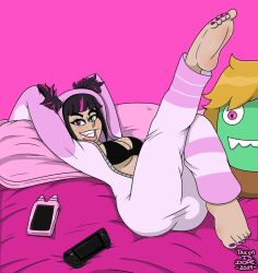 1girls 2024 bed cellphone dopeisnukat feet feet_up female juri_han laying_on_back laying_on_bed on_bed pajamas plushie sfw solo street_fighter street_fighter_v