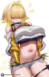 1girls :3 ahoge bare_shoulders bare_thighs big_breasts blonde_hair blush booty_shorts clothed clothing color cute_fang elegg_(nikke) enmanuelart20 female female_focus female_only gloves goddess_of_victory:_nikke hair_over_eyes hi_res large_breasts light-skinned_female light_skin navel no_panties pulling_down_pants short_hair short_shorts shorts solo solo_female suspenders tagme thick_thighs thigh_strap two_tone_hair underboob undressing white_background