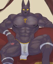 abs anthro anubian_jackal anubis biceps canid canine canis deity egyptian_mythology hi_res jackal male mammal middle_eastern_mythology muscular muscular_anthro muscular_male mythology nipples pecs penis_through_underwear reachea solo vein veiny_muscles